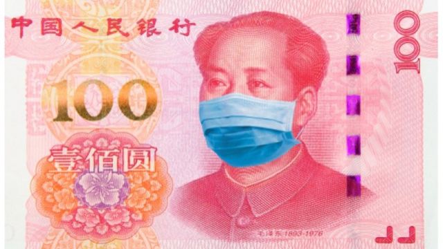 Chinese bill with a surgical mask on the effigy of Mao Zedong