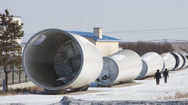 The Chinese are investing heavily in renewable energy projects such as this factory in Suihua in Heilongjiang Province of Northern China which manufactures wind turbines