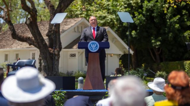 今年7月，美国国务卿蓬佩奥在尼克松图书馆发表演说，将两国冲突上升至文明冲突。(photo:BBC)
