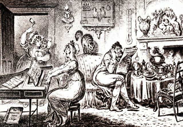 Caricatura de la época comentando los asuntos maritales del príncipe y su esposa Carolina de Brunswick.