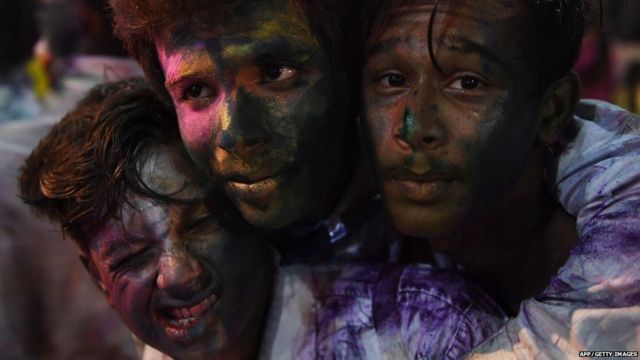 Pakistani Hindu youths celebrate the holi festival in Karachi on March 1, 2018.