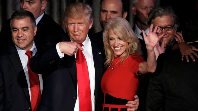 Donald Trump and his campaign manager Kellyanne Conway on election night rally in Manhattan, New York, on 9 November 2016