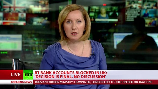 In this grab from RT's live broadcast, the Kremlin-backed channel says its accounts have been frozen by NatWest