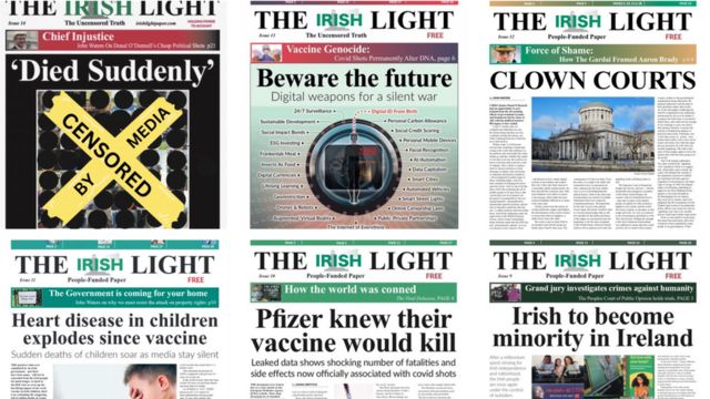 An image gallery of recent front pages from the Irish Light, including the "Died Suddenly" front page was the photos blacked out and banners reading "censored by media".