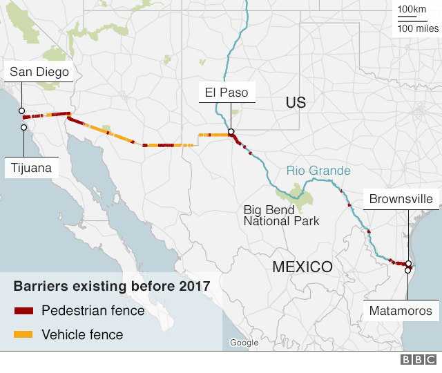 A map showing border barriers along the US-Mexico border