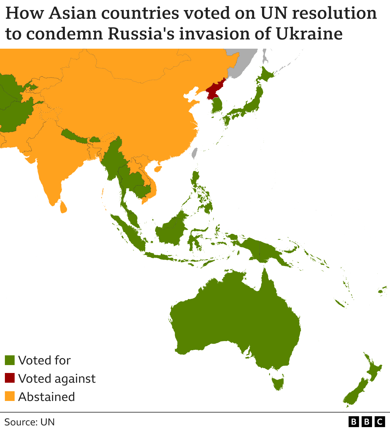 ロシアを非難する国連決議への投票結果