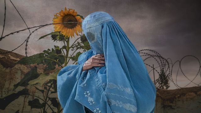 Pregnant Afghan woman. Photo collage illustration from photographs courtesy Getty Images