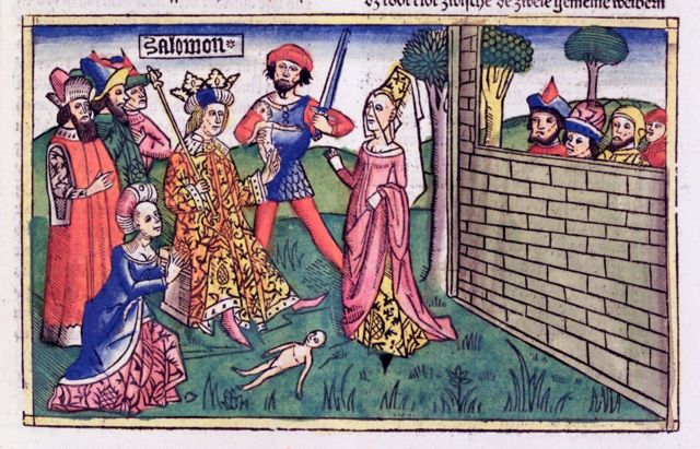 "El juicio de Salomón". Representación de la escena de Reyes 3: 16-28 de un manuscrito alemán del siglo XV. Artista desconocido.