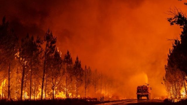 Un camión de bomberos combate un incendio forestal en el departamento de Gironda, en el suroeste de Francia. Foto: 9 de agosto de 2022