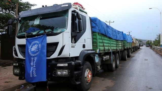 WFP trucks parked at a checkpoint along the Amhara and Tigray regions border
