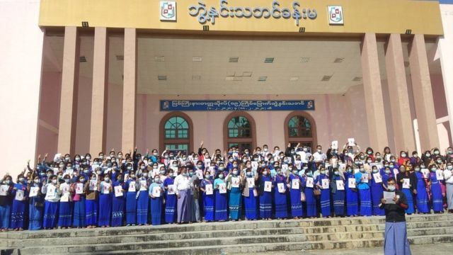 Professors at a university in Kachin State protest against the coup in Myanmar