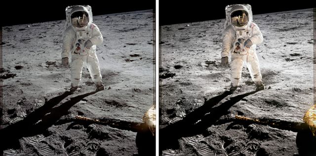 历史照片和翻印照片比较：宇航员巴兹·奥尔德林的宇航服上有登月飞船金黄色的反光(photo:BBC)