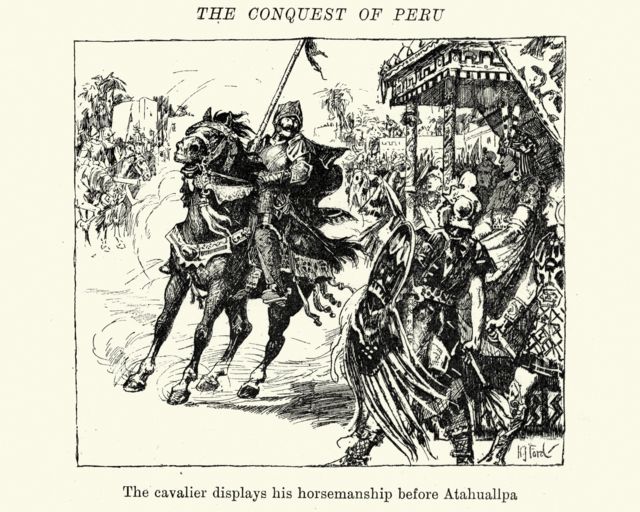 Ilustración de un conquistador en caballo frente a Atahualpa