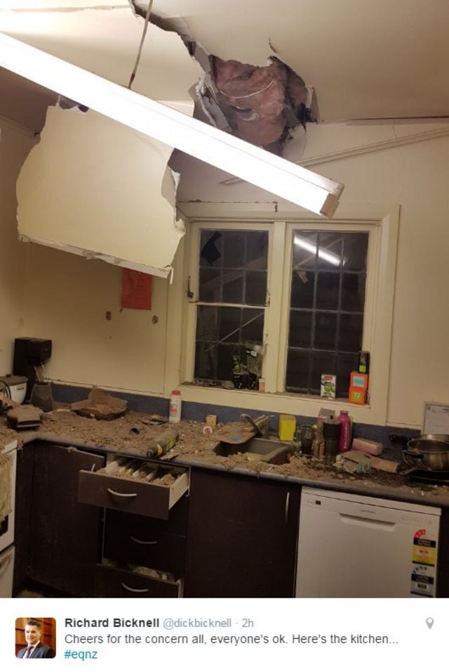 A picture shared on Twitter showing damage to a kitchen in Wellington
