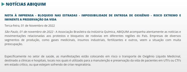 Reprodução da nota sobre 'risco extremo iminente à preservação da vida' divulgada pela Abiquim