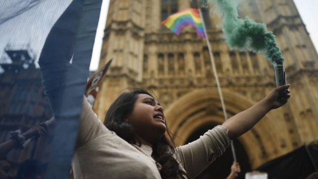 Pro EU campaigners demonstrate outside the House of Commons on September 3, 2019 in London, England.