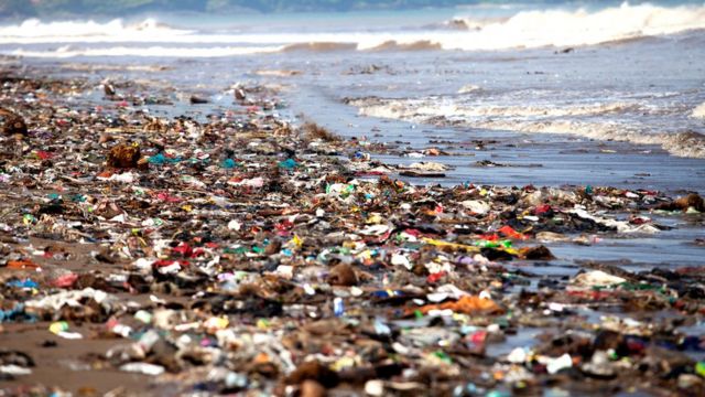 Lixo e plástico à beira-mar