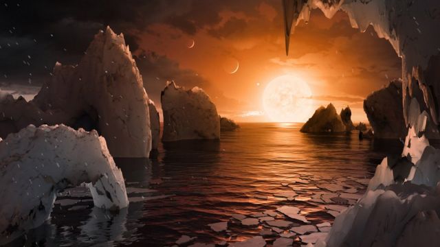 Arte mostra como pode ser vista de um dos novos exoplanetas encontrados por pesquisadores