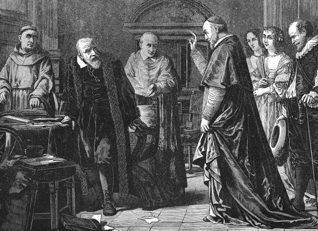 Grabado del juicio de la Inquisición contra Galileo
