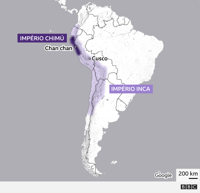 Mapa mostrando a extensão do império chimú em relação ao império inca, que o conquistou