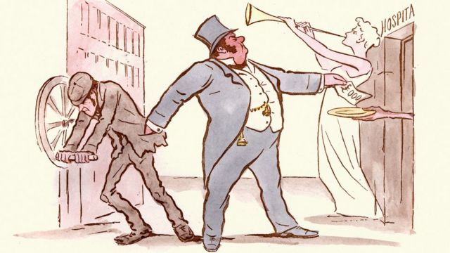 Политическая карикатура второй половины XIX векаю Нехороший капиталист одной рукой дает деньги на больницу, другой - вытаскивает их из кармана своего работника