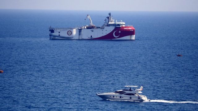 Oruç Reis ship anchored in the port of Antalya.