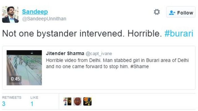"Ningún testigo intervino. Horrible", escribió en su Twitter Sandeep Unnithan.