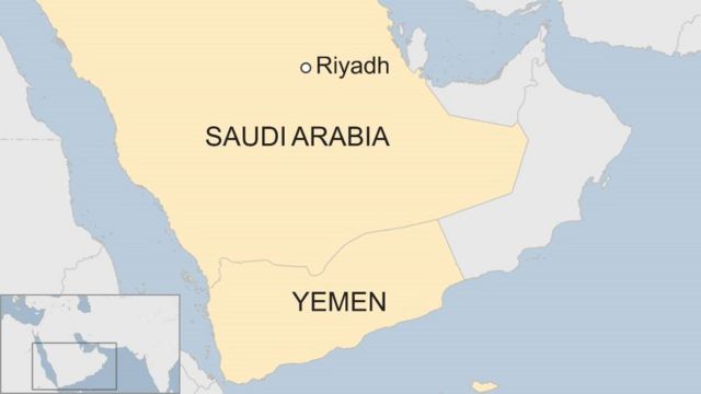 Map showing Saudi Arabia, Riyadh and Yemen