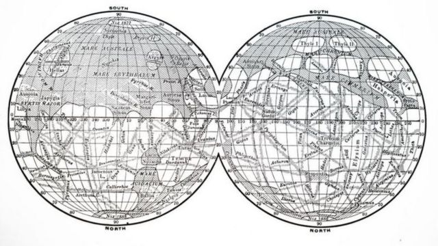 જિયોવાની શિયાપરેલી દ્વારા બનાવાયેલું મંગળ ગ્રહનું ચિત્ર, જે સૌ પ્રથમ 1888માં છપાયું હતું