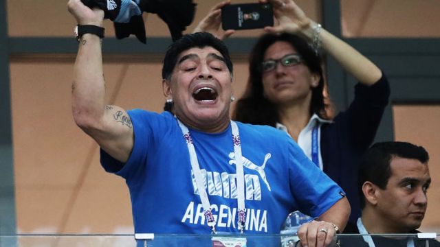 Maradona in the stands watching an Argentina match at the 2018 World Cup in Russia.