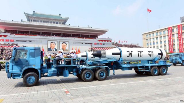 Truck carrying a missile through North Korea
