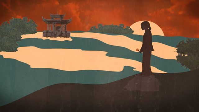 Illustration de una niña y una pagoda