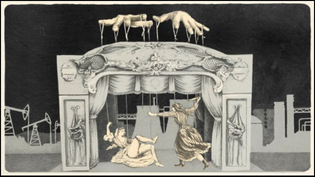 Aktörleri kontrol eden kuklacı resmi.