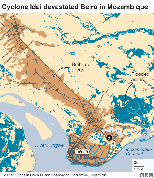 Map showing flooding in Beira
