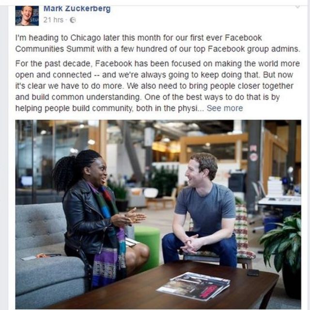Le fondateur de Facebook Mark Zuckerberg a reçu la Nigériane Lola Omolola, fondatrice d'un groupe pour femmes Female In qui a atteint un million de membres.