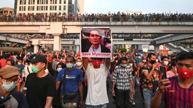 Demonstrators protest against the military coup and demand the release of elected leader Aung San Suu Kyi, in Yangon, Myanmar