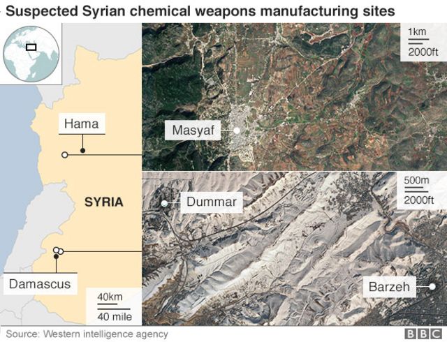 Map showing locations of suspected Syrian chemical weapons manufacturing sites