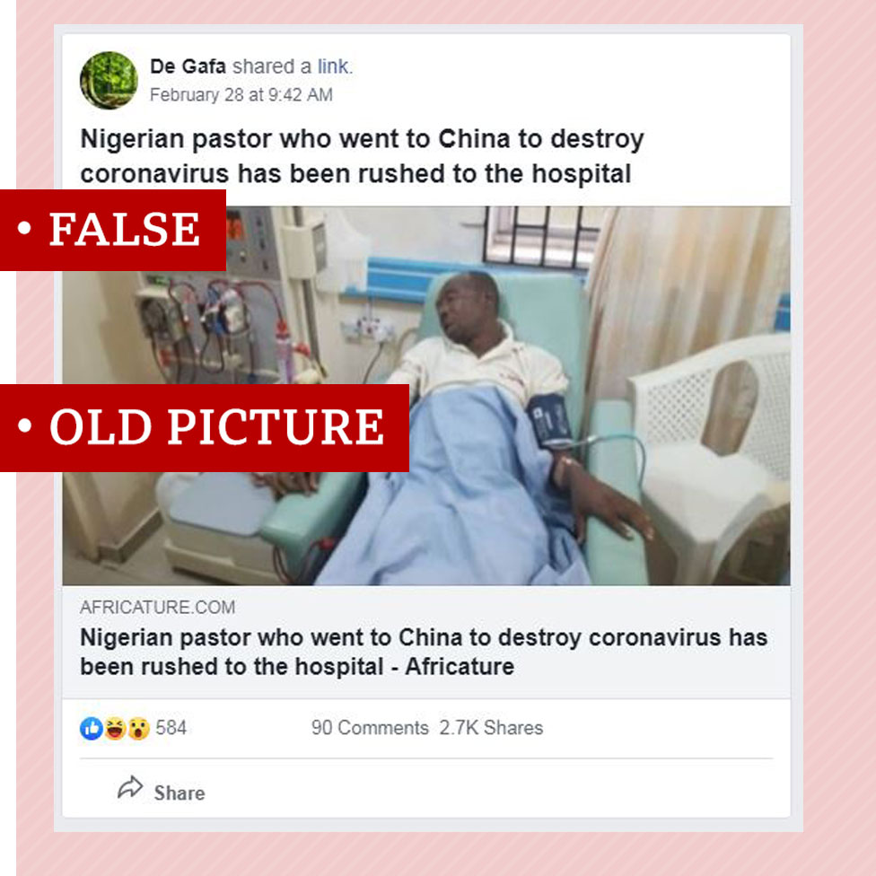 Screenshot of false story about a Nigerian pastor who said he would go to China to cure coronavirus. The article includes an old photo of dead Nigerian actor