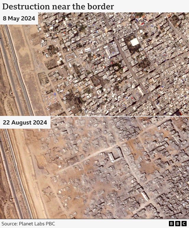 Images showing satellite images of destruction near border on 8 May and 22 Aug 2024