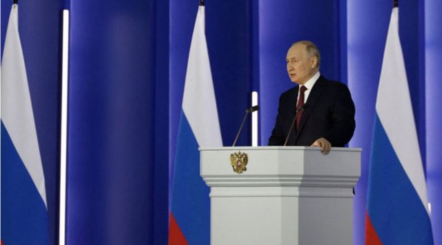 Russian President Vladimir Putin delivers his annual state of the nation address at the Gostiny Dvor conference centre in central Moscow on 21 February 2023