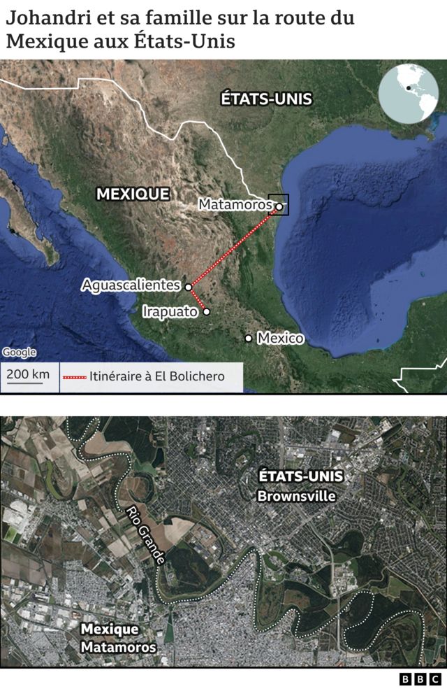 Carte de l'itinéraire de Johandri depuis le Mexique 