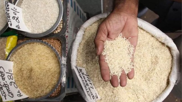 Mão segurando grãos de arroz sobre saca do cereal