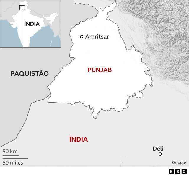 Mapa mostra a localização da Índia, Paquistão, Punjab e das cidades de Amritsar e Déli