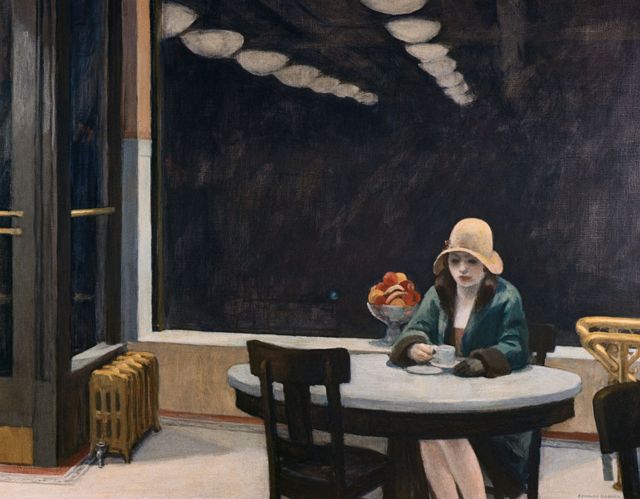 نقاشی از دختری تنها در کافه