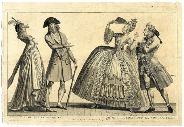 "¡Ah, qué antigüedad!", dicen los de la izquierda. "¡Oh, qué locura esa novedad!", dicen los de la derecha, en esta ilustración satírica de Alexis Chataignier (1797).