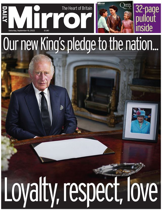 Mirror gazetesi “Kralımızın ulusa taahhüdü: Sadakat, saygı, sevgi” manşetini kullandı. Mirror da Kral 3. Charles’ın ulusa seslenişinden bir fotoğraf kullandı.