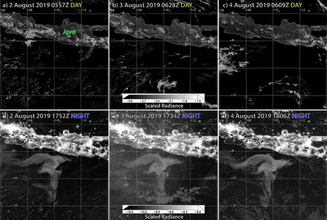 Imagen del evento publicada en el informe científico del equipo de Miller en Nature Scientific Reports, julio de 2021, comparando vistas satelitales de día y noche.