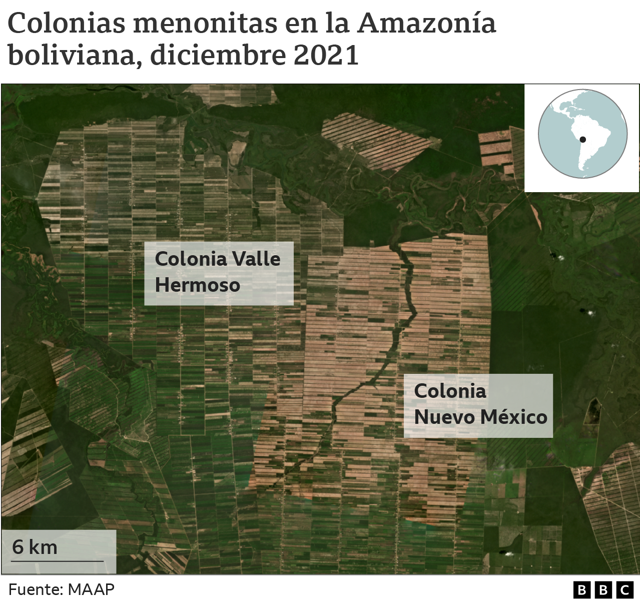 Vista satelital de las colonias Valle Hermoso y Nuevo México, Bolivia