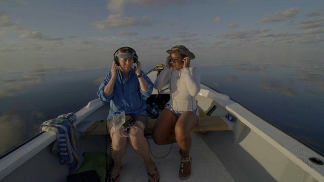 Investigadores en un barco escuchando micrófonos submarinos en las Seychelles.