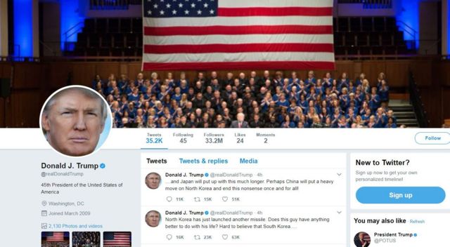 美國總統特朗普也很快在社交媒體"推特"上對朝鮮試射導彈作出回應。